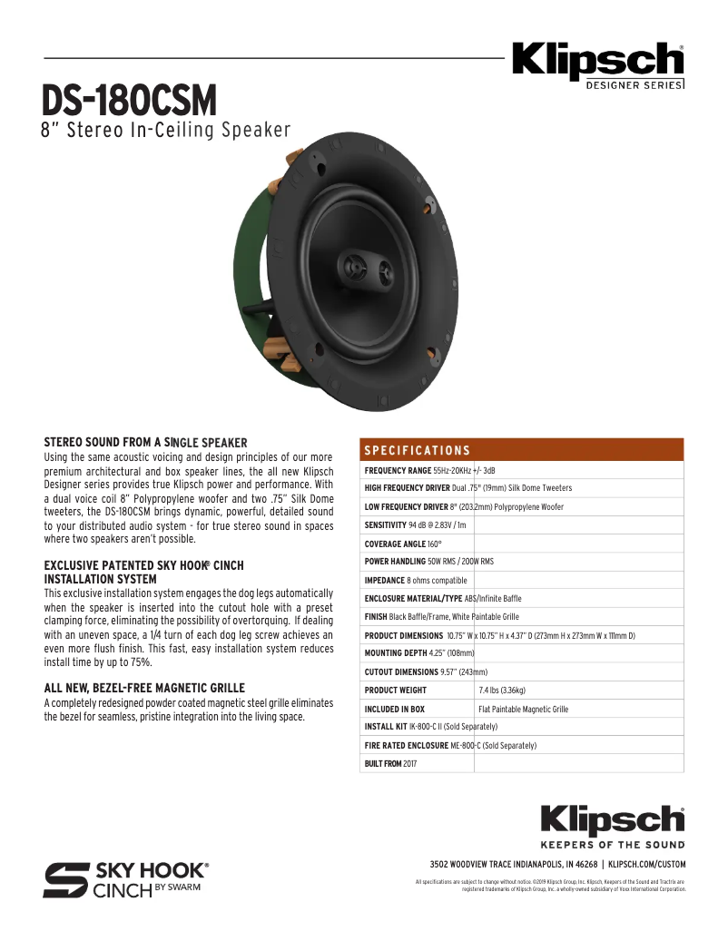Page n°1 - Fiche technique Klipsch DS-180CSM