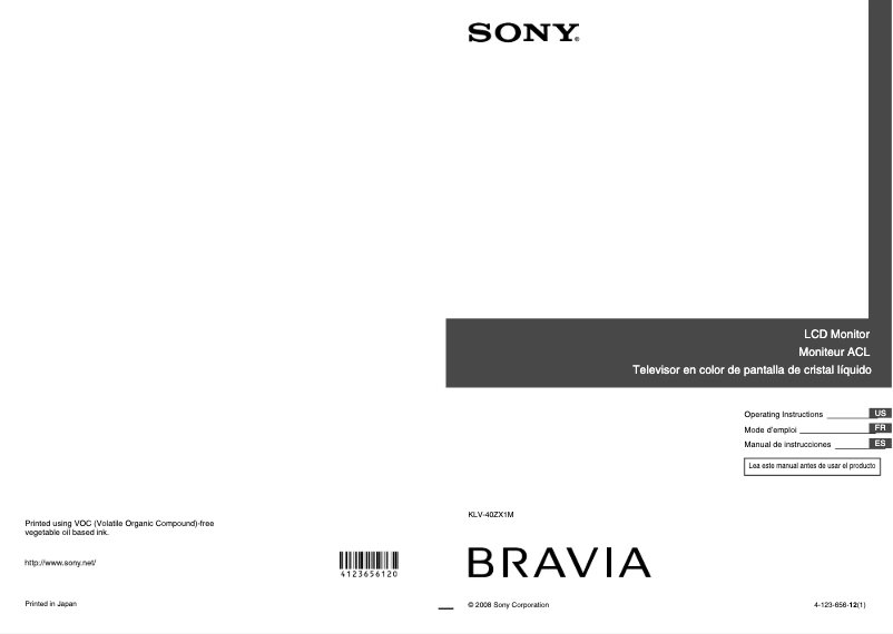 Page 1 de la notice Manuel utilisateur Sony Wega KLV-40ZX1M