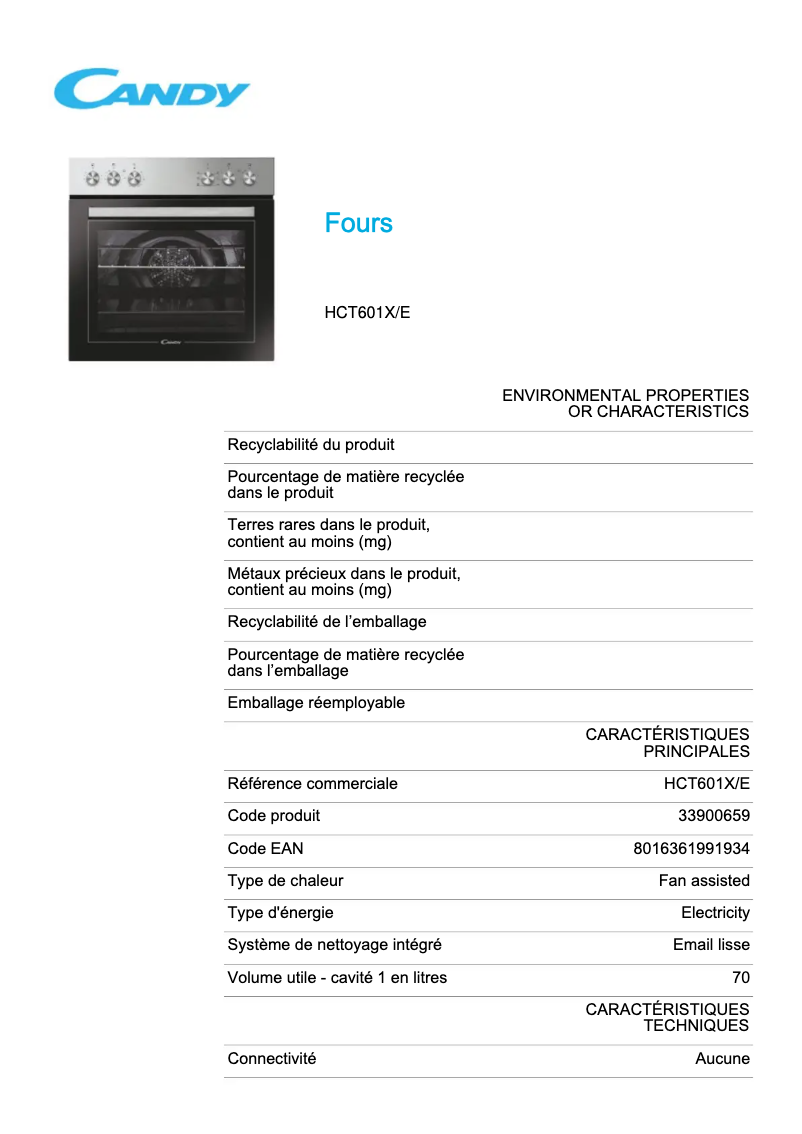 Page 1 de la notice Fiche technique Candy HCT601X