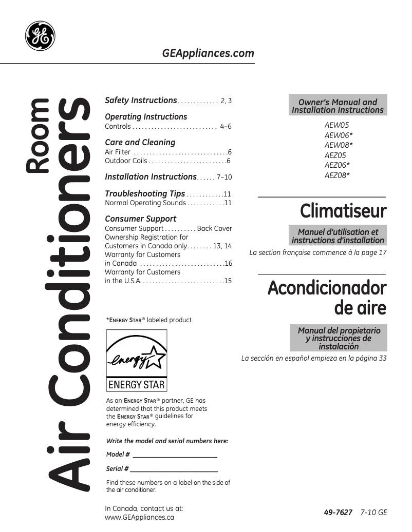 Page 1 de la notice Manuel d'utilisation et d'entretien GE AEW08LN