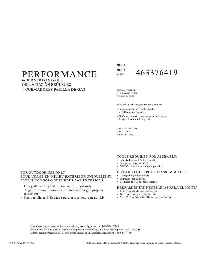 Page 1 de la notice Manuel utilisateur Char-Broil Performance 463376419