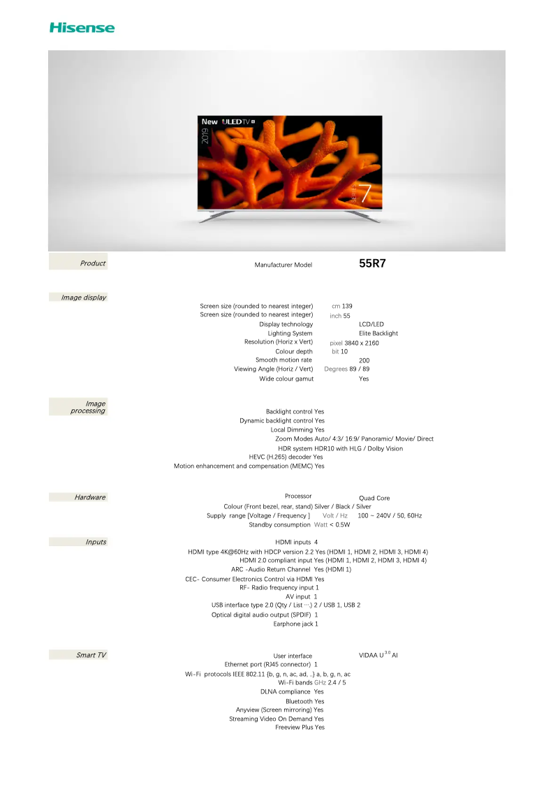 Page 1 de la notice Fiche technique Hisense 55R7