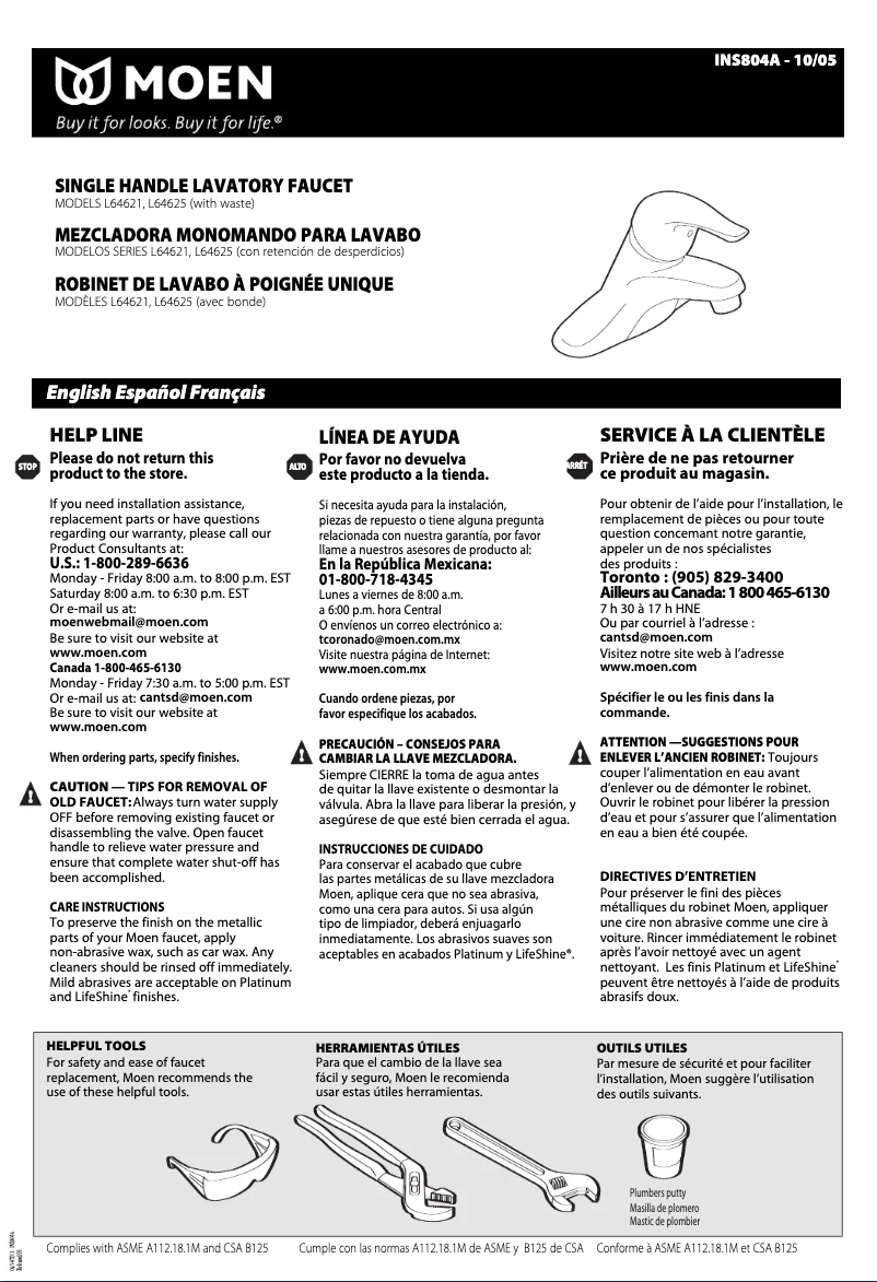 Page n°1 - Manuel utilisateur Moen Chateau L64625