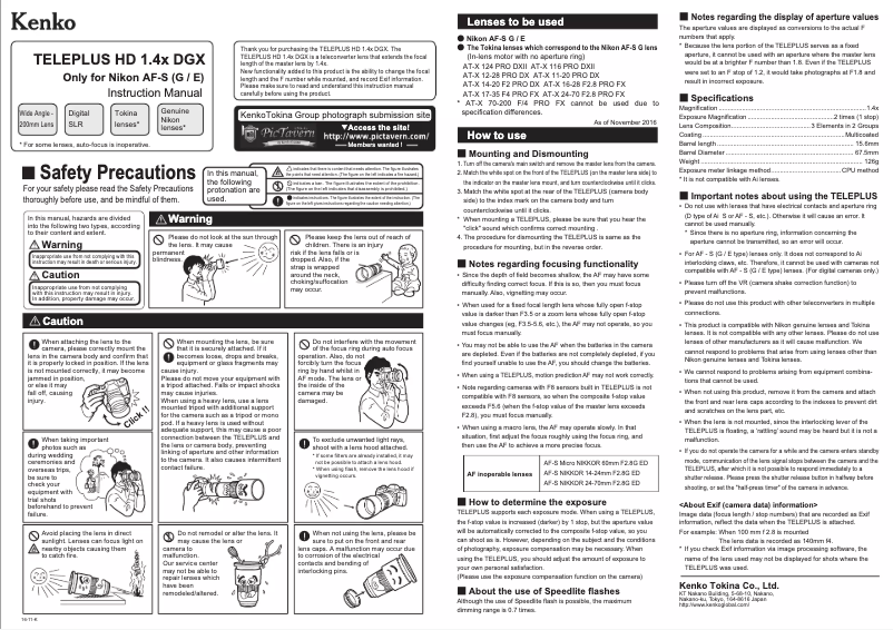 Page 1 de la notice Manuel utilisateur Kenko TELEPLUS HD 1.4X DGX