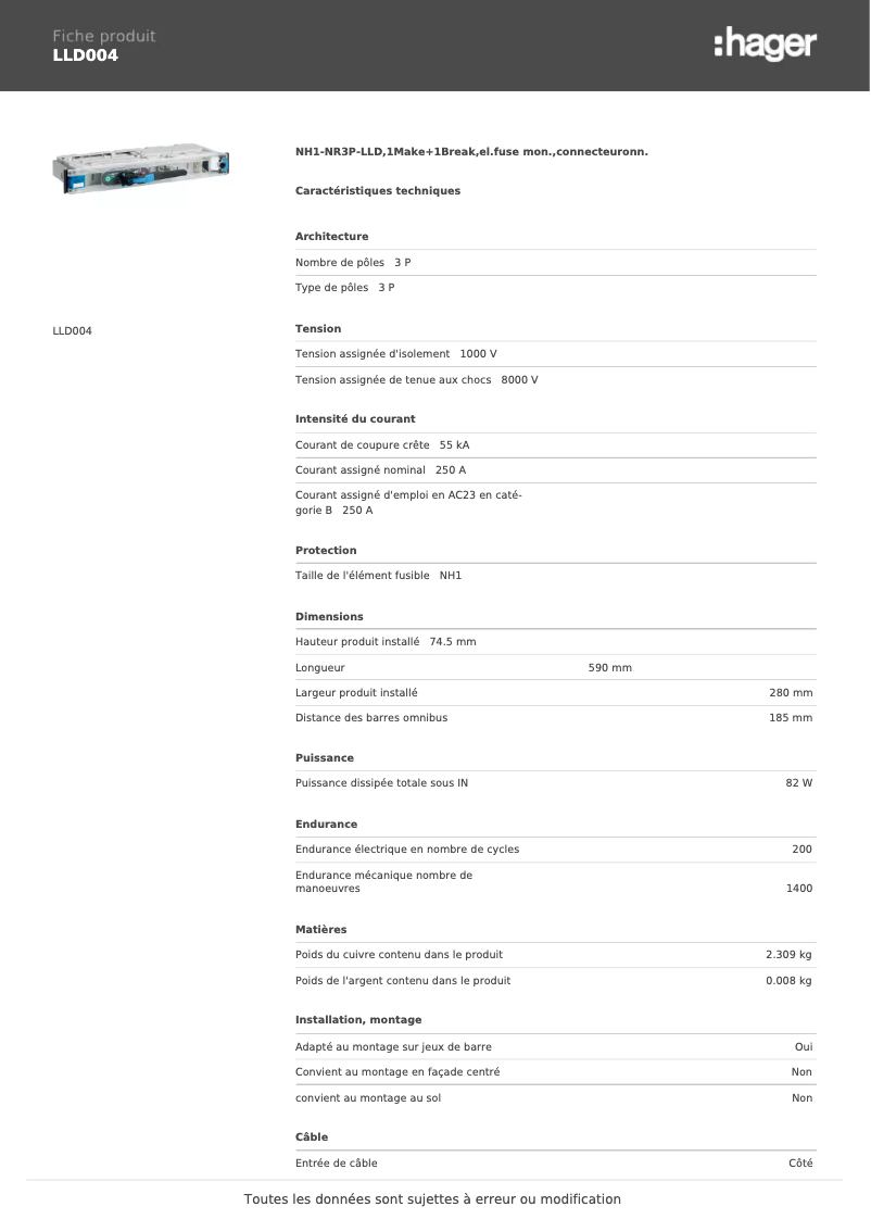 Page 1 de la notice Fiche technique Hager LLD004