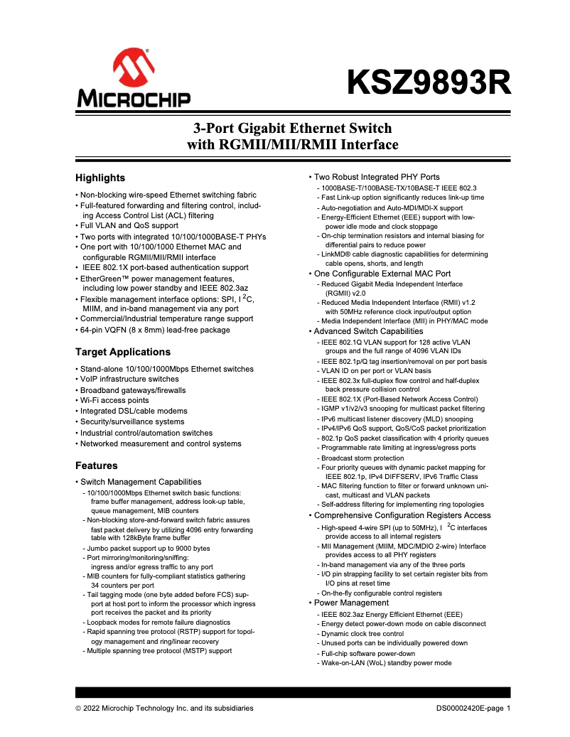 Page 1 de la notice Fiche technique Microchip KSZ9893