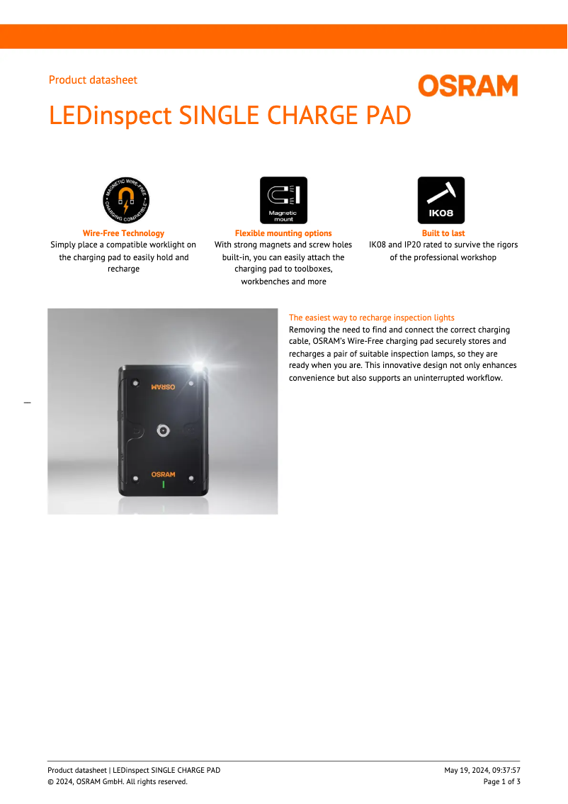 Page 1 de la notice Fiche technique Osram LEDinspect SINGLE CHARGE PAD