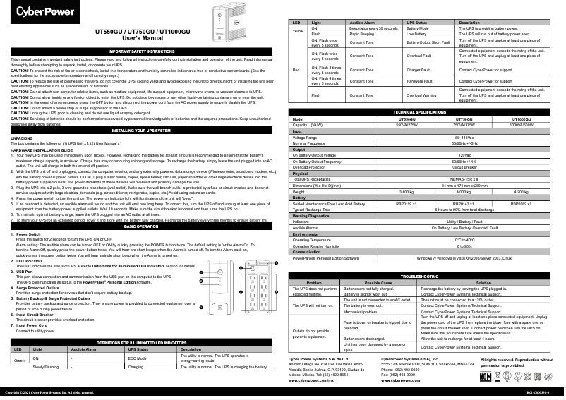 Page 1 de la notice Manuel utilisateur CyberPower UT750GU