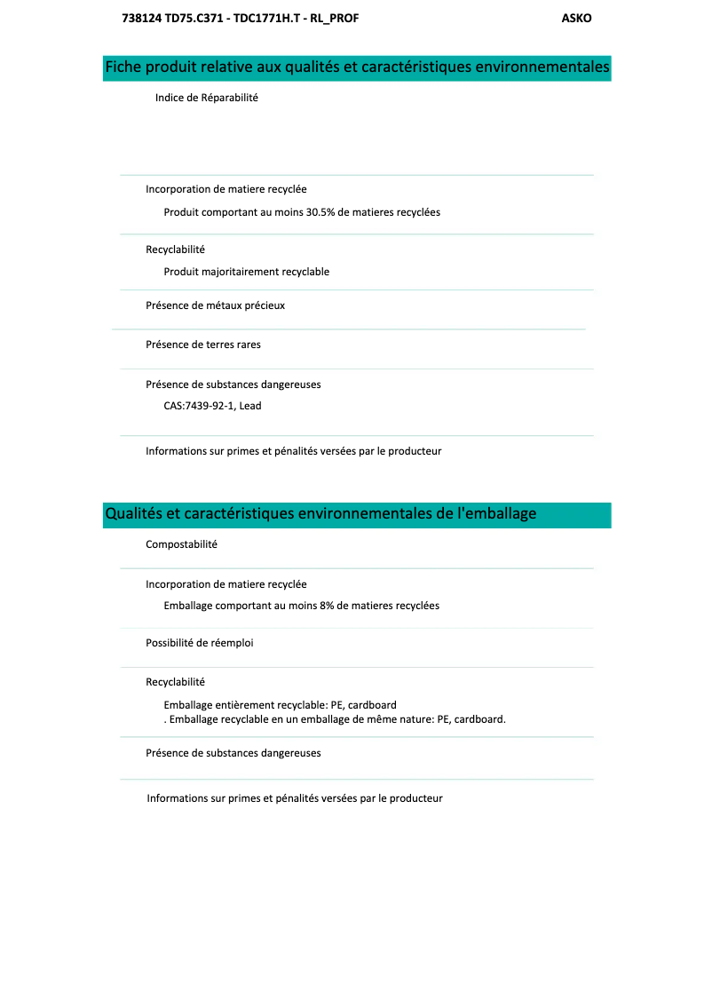 Page n°1 - Fiche technique Asko TDC1771H.T
