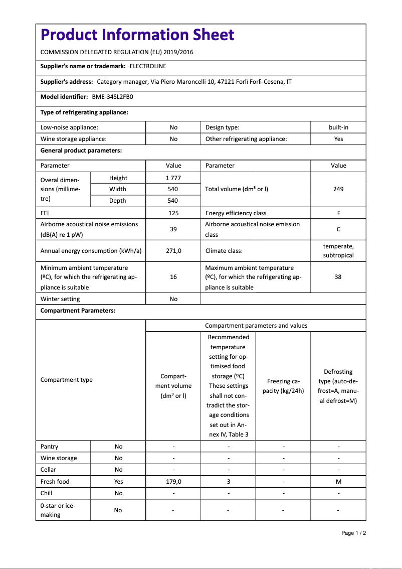 Page 1 de la notice Manuel utilisateur Electroline BME-34SL2FB0