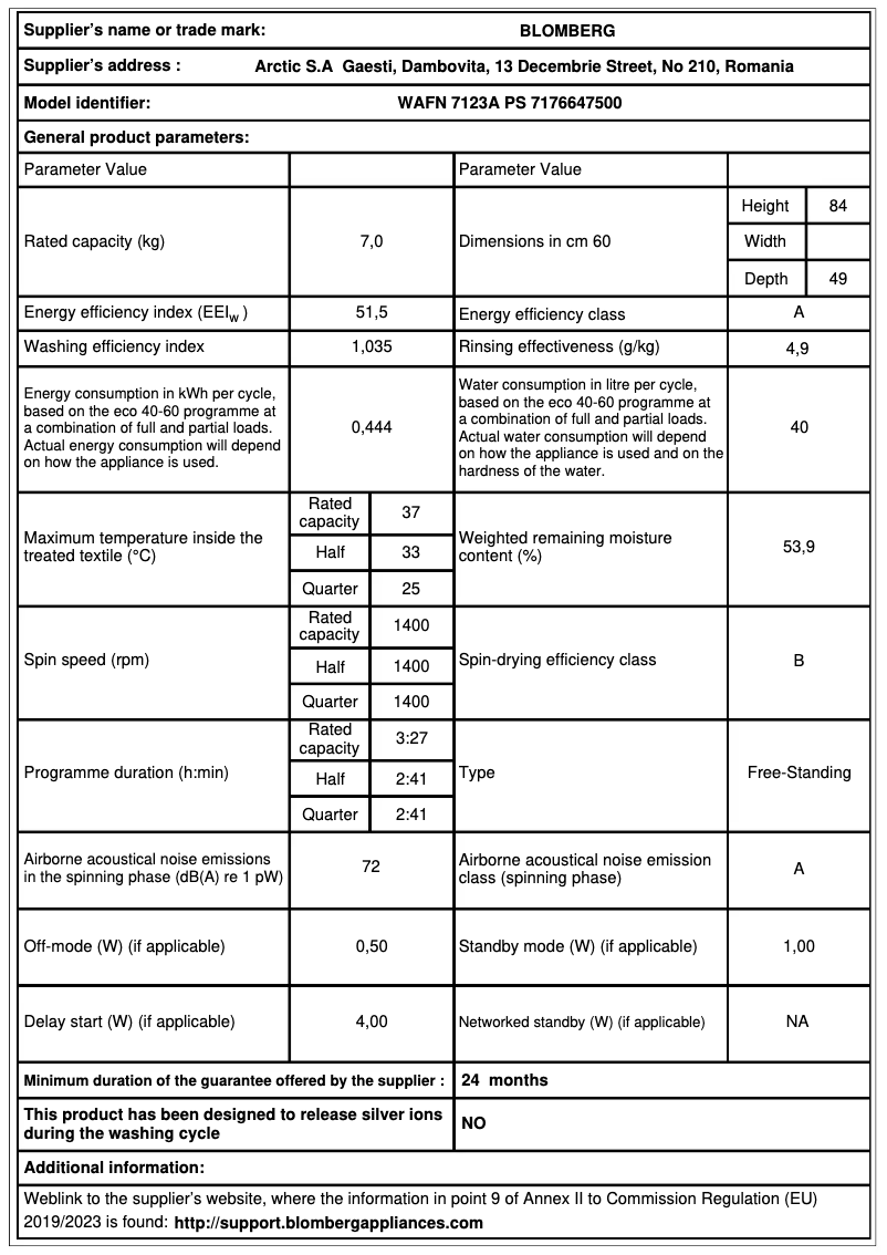 Page 1 de la notice Fiche technique Beko WAFN 7123A PS