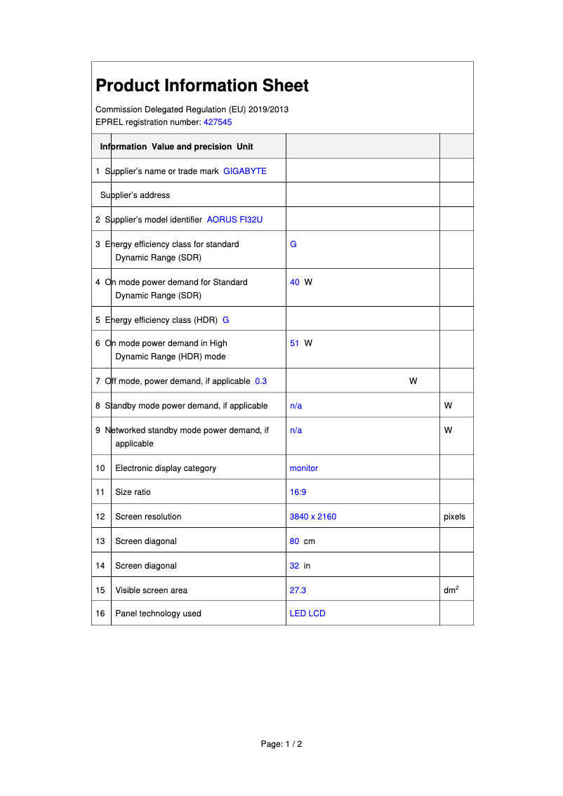 Page 1 de la notice Fiche technique Gigabyte AORUS FI32U