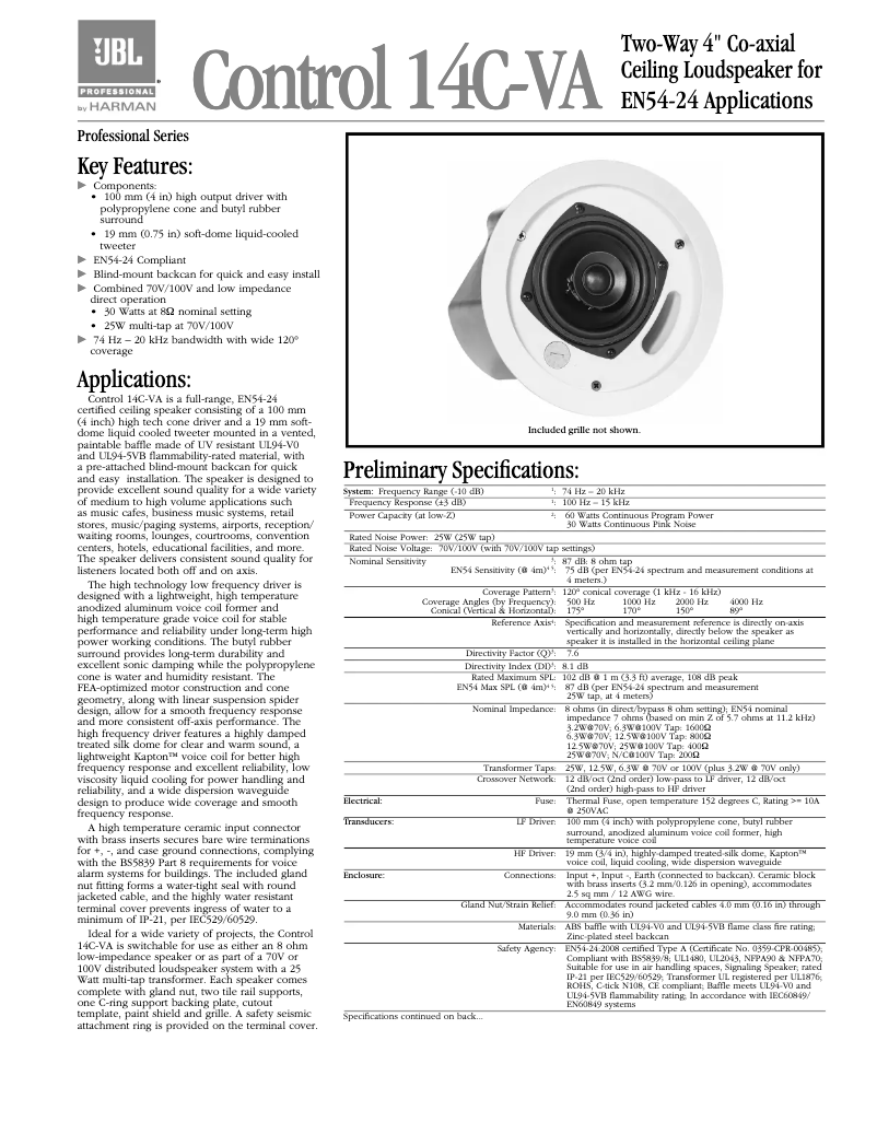Page 1 de la notice Fiche technique JBL Control 14C-VA
