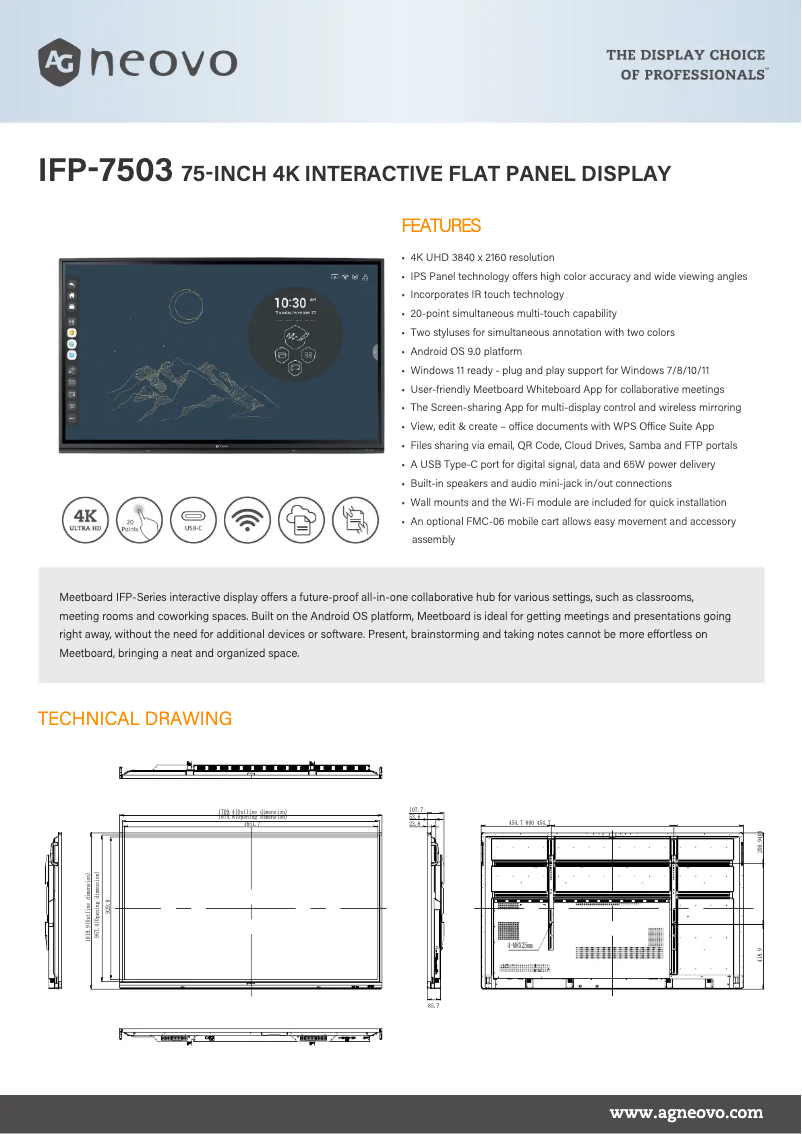 Page 1 de la notice Fiche technique AG Neovo IFP-7503