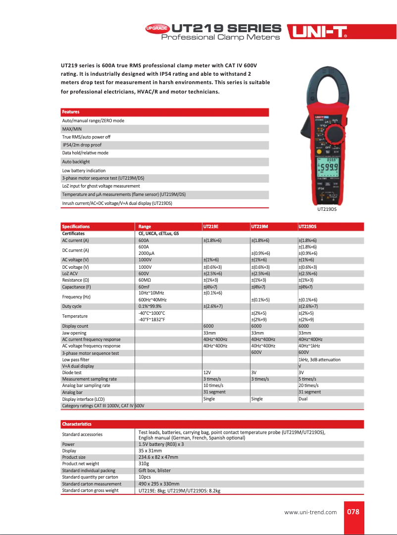 Page 1 de la notice Fiche technique Uni-T UT219DS