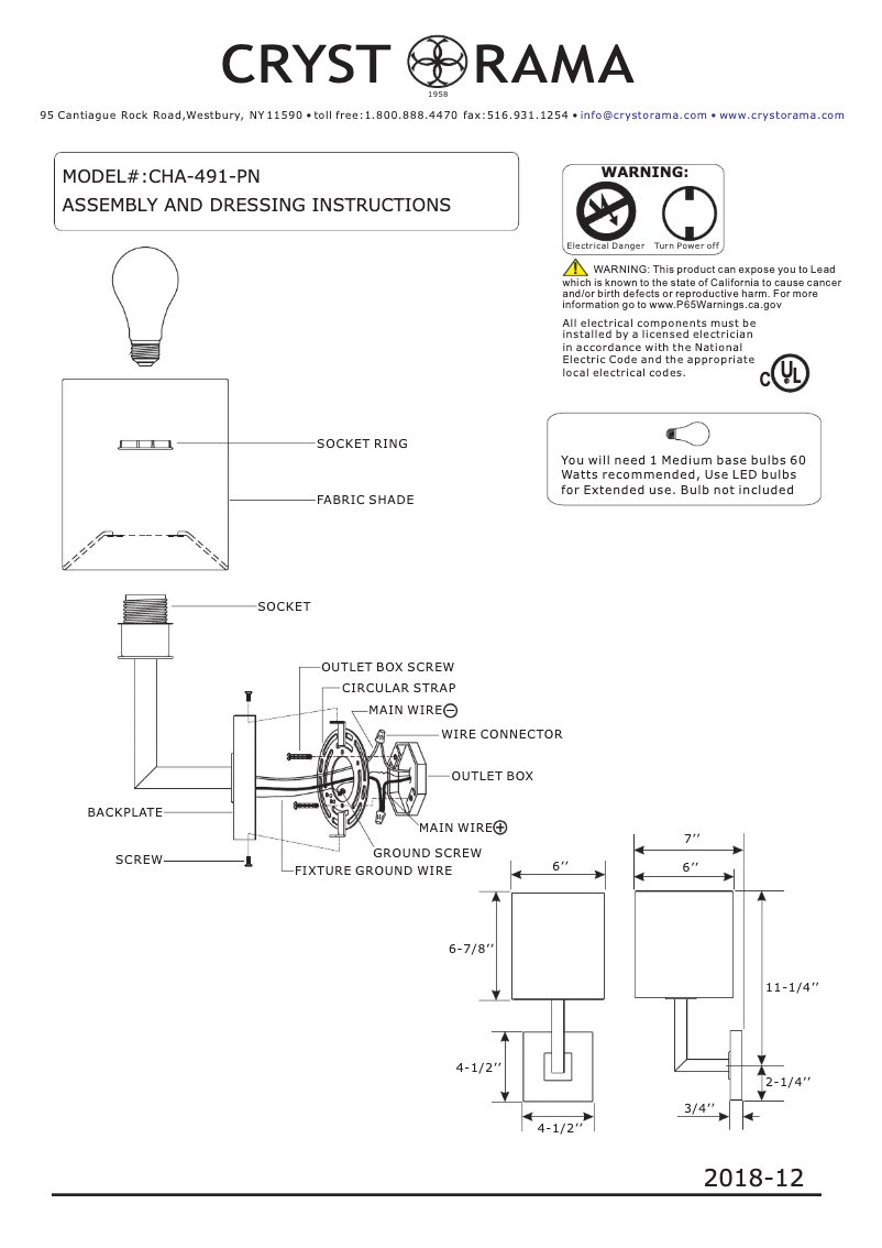 Page 1 de la notice Manuel utilisateur Crystorama Chatham CHA-491-PN