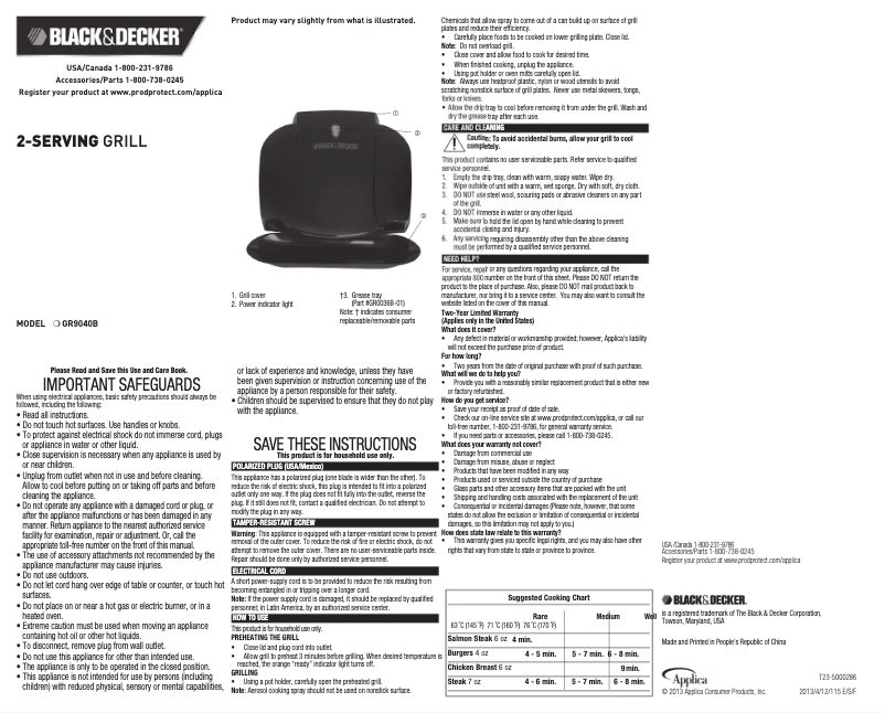 Page 1 de la notice Manuel utilisateur Black & Decker GR9040B