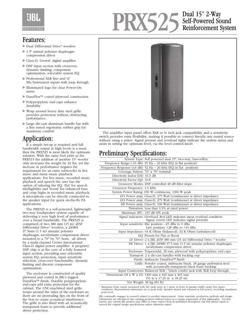 Page 1 de la notice Fiche technique JBL PRX525
