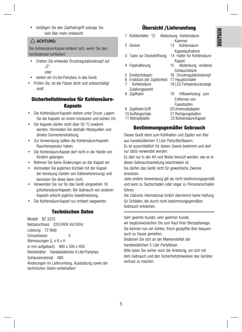 Page 1 de la notice Manuel utilisateur Clatronic BZ 3233