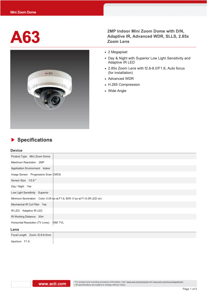 Page 1 de la notice Fiche technique ACTi A63
