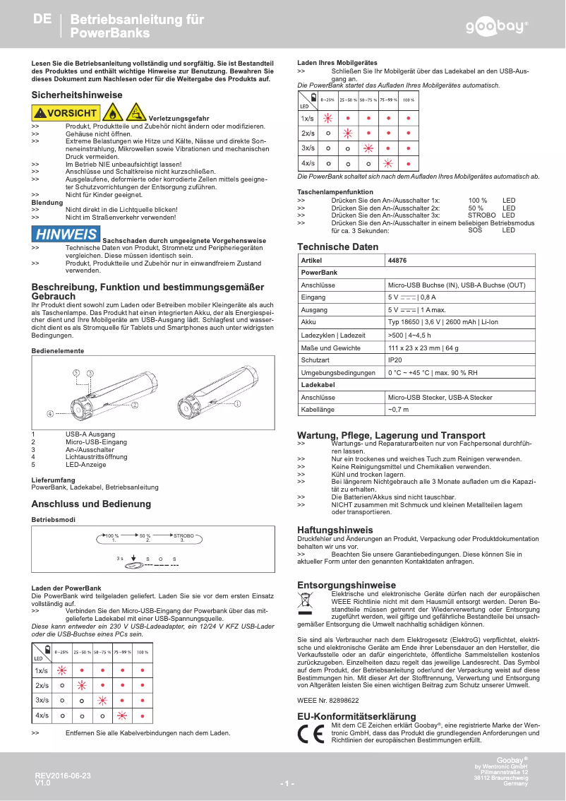 Page 1 de la notice Manuel utilisateur Goobay 44876