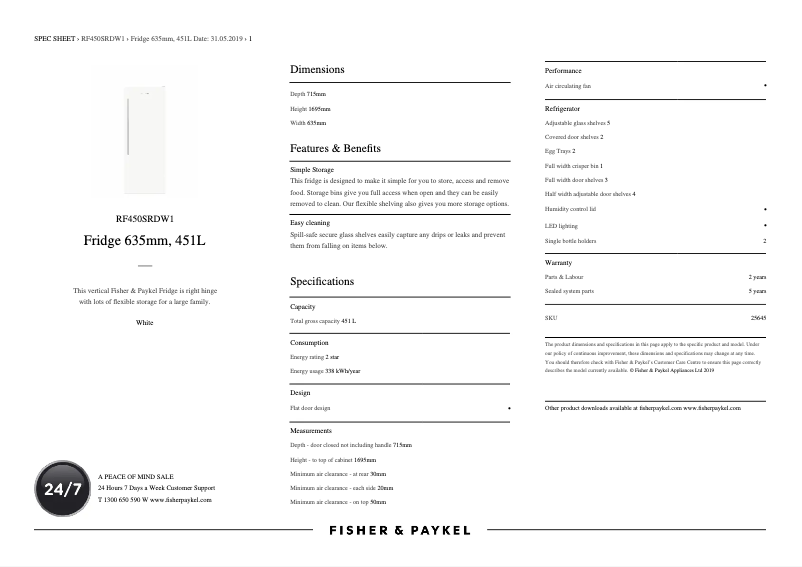 Page n°1 - Fiche technique Fisher & Paykel RF450SRDW1