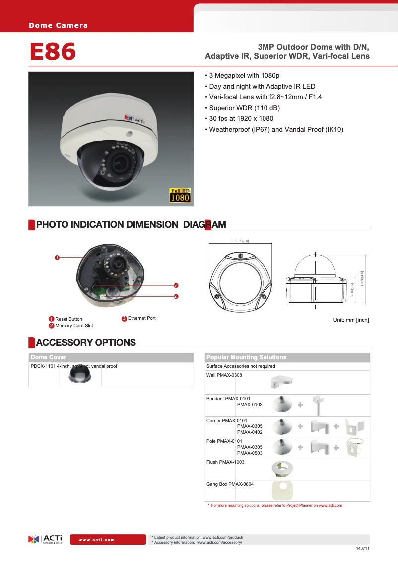 Page 1 de la notice Fiche technique ACTi E86