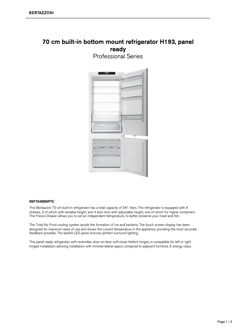 Page 1 de la notice Fiche technique Bertazzoni REF704BBNPTC