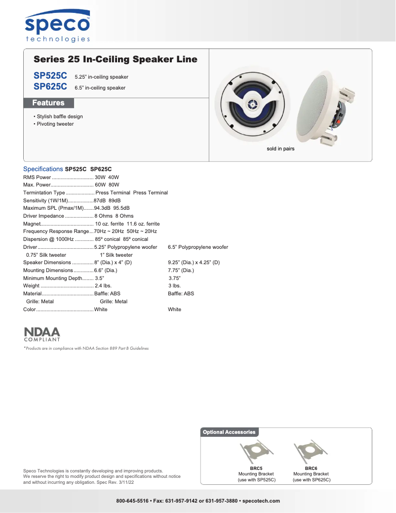 Page n°1 - Fiche technique Speco Technologies SP625C