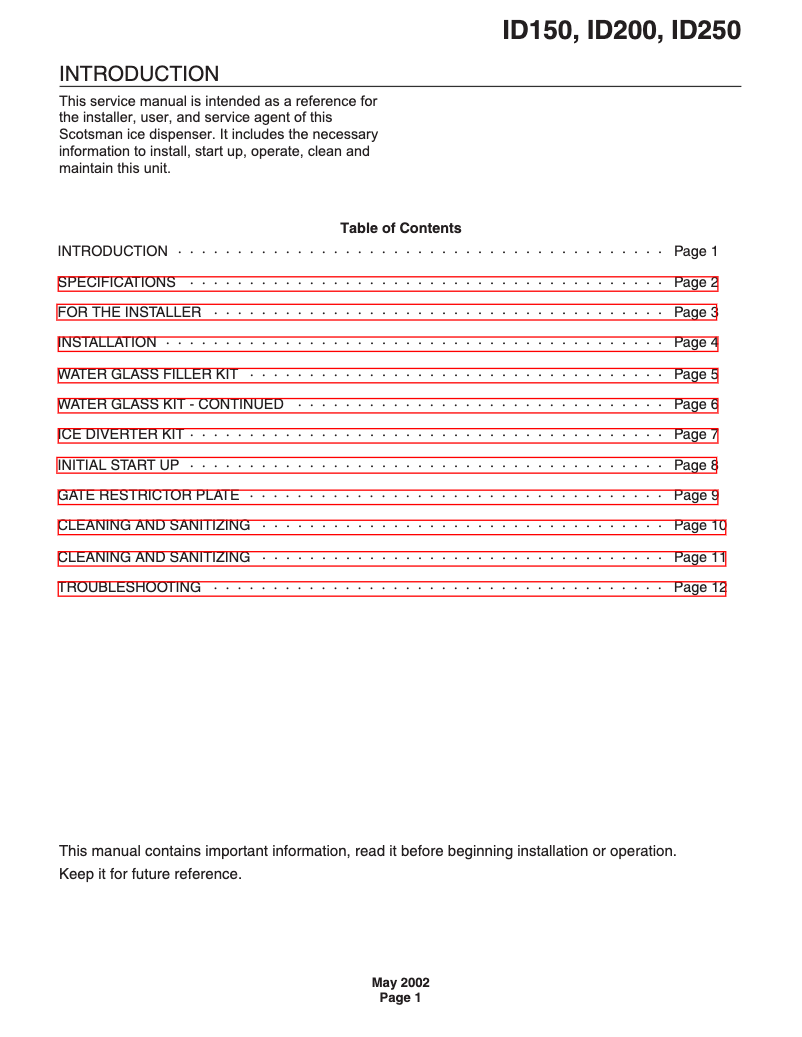 Page n°1 - Manuel d'utilisation et d'entretien Scotsman ID250B-1