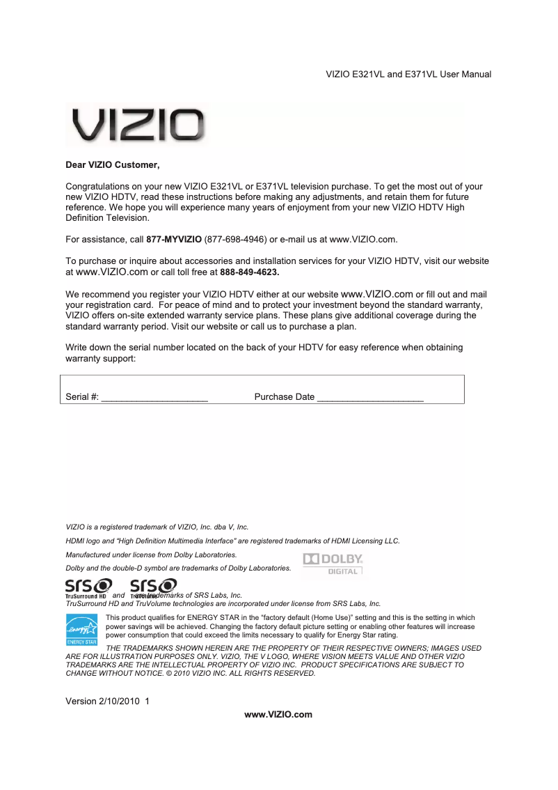 Page n°1 - Manuel utilisateur VIZIO E421VL