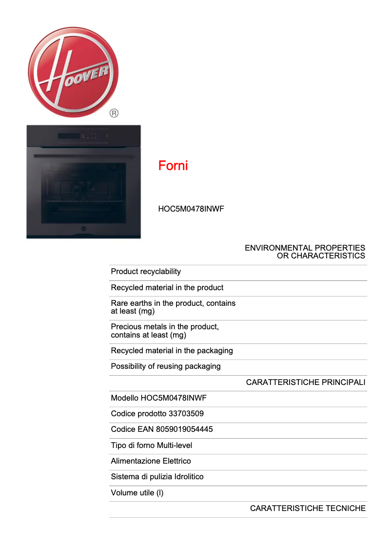Page 1 de la notice Fiche technique Hoover HOC5M0478INWF