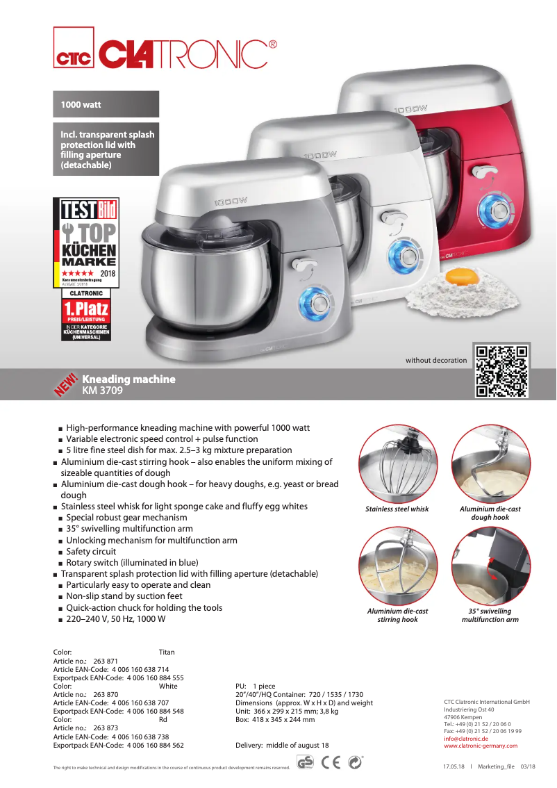 Page 1 de la notice Fiche technique Clatronic KM 3709