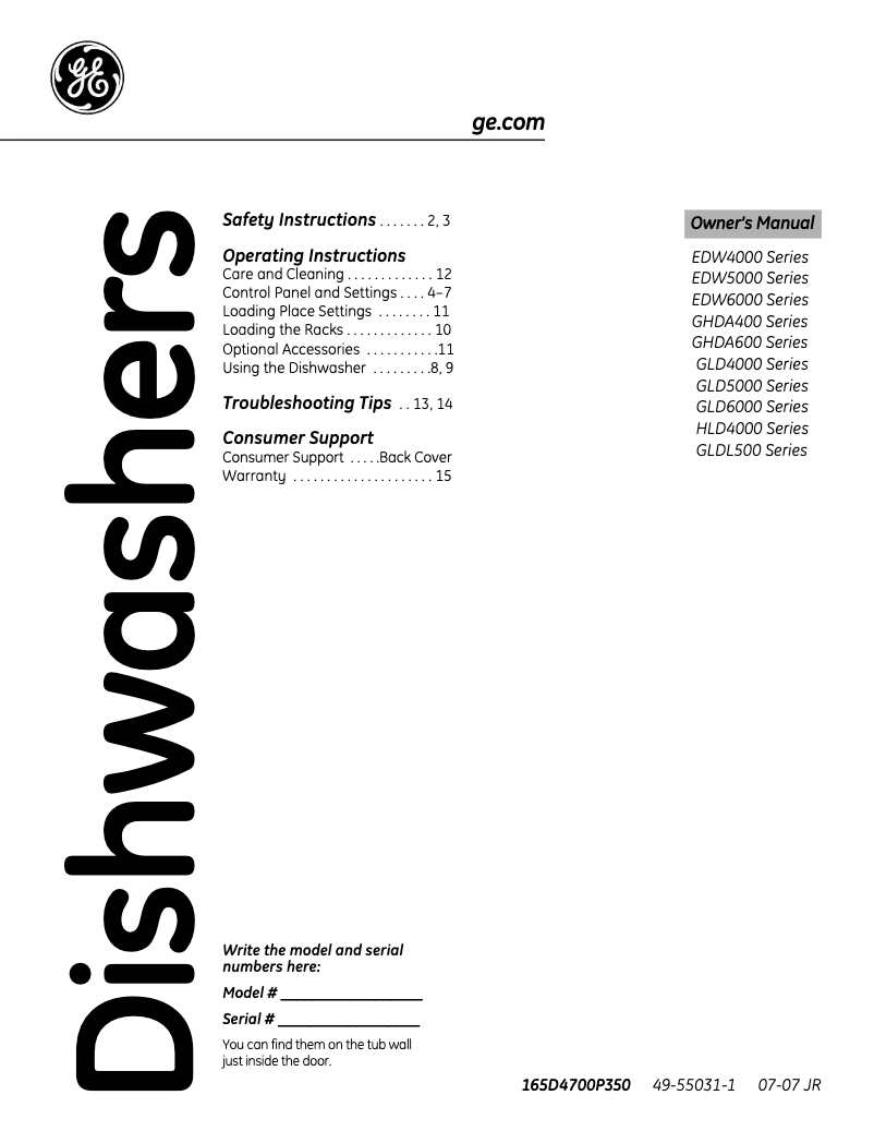 Page n°1 - Manuel d'utilisation et d'entretien GE GLD5800LCC