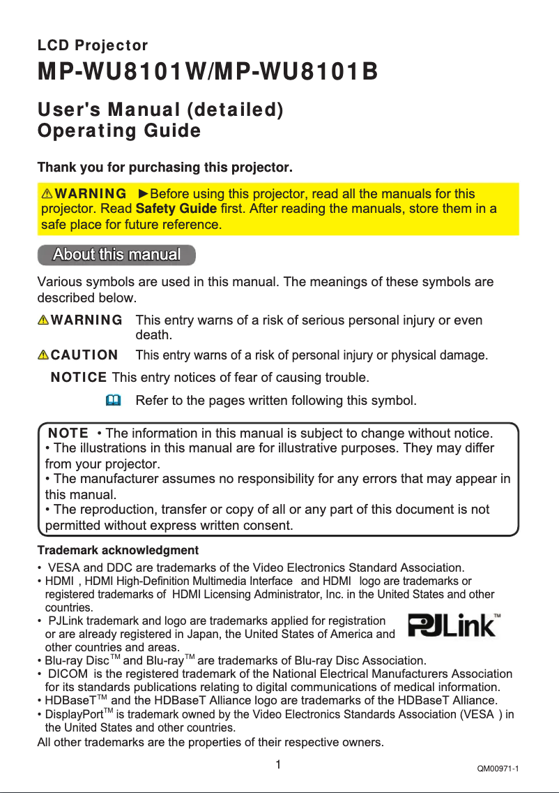 Page 1 de la notice Manuel utilisateur Hitachi MP-WU8101W