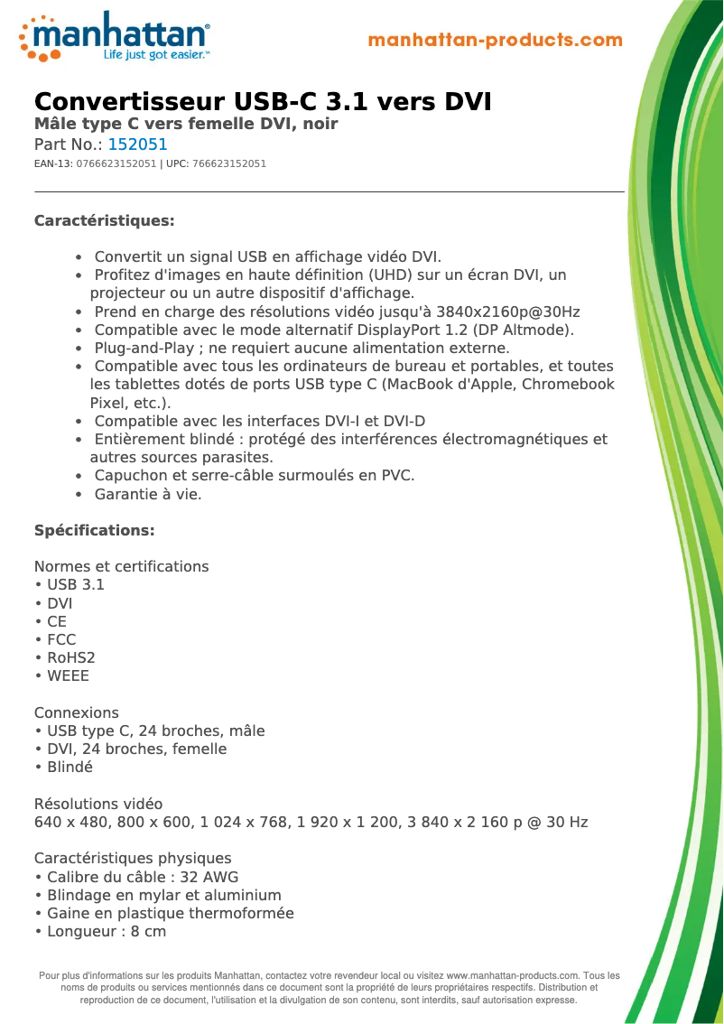 Page 1 de la notice Fiche technique Manhattan 152051