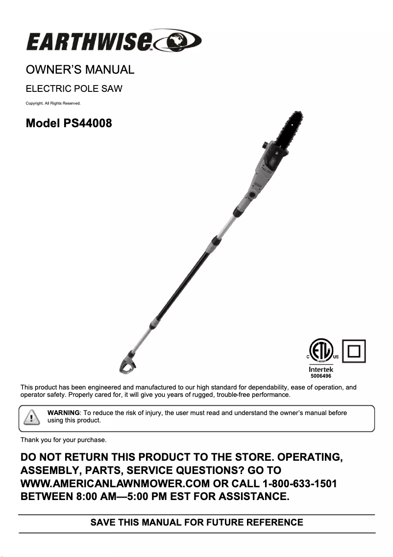 Page n°1 - Manuel utilisateur Earthwise PS44008