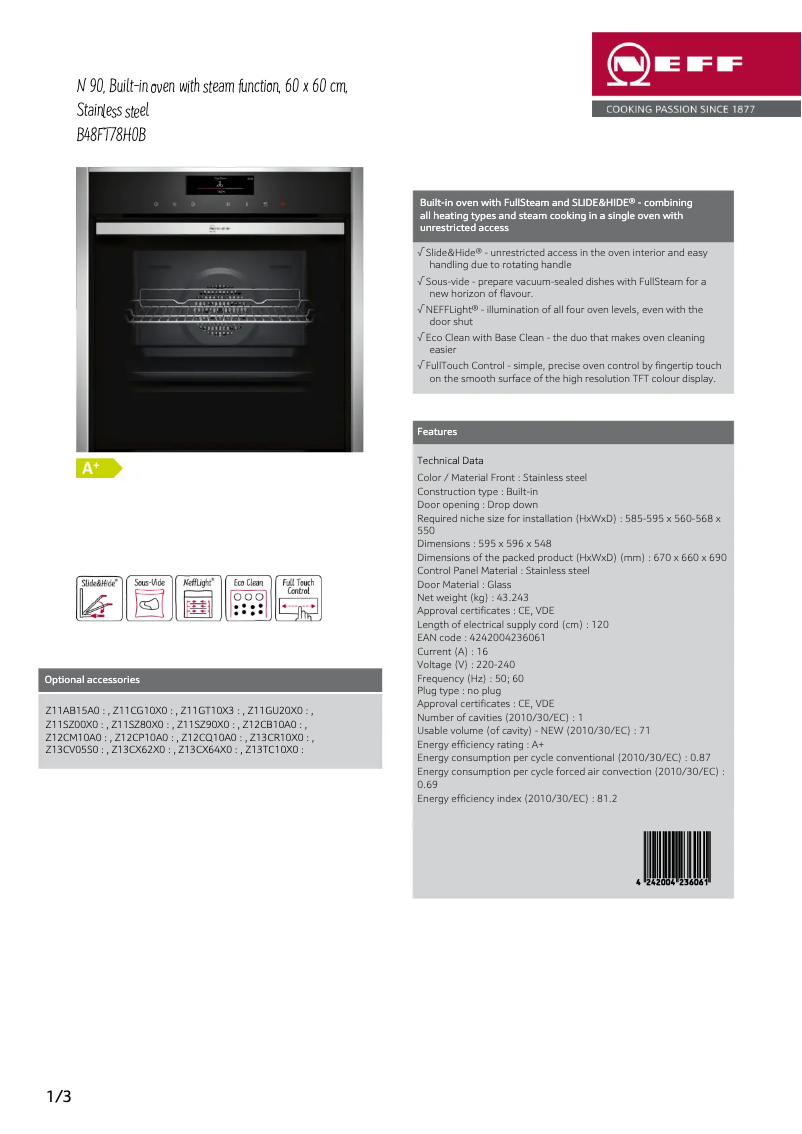 Page 1 de la notice Fiche technique Neff B48FT78H0B