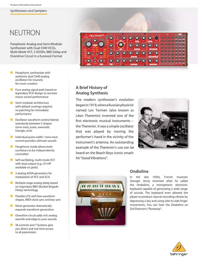 Page 1 de la notice Fiche technique Behringer NEUTRON
