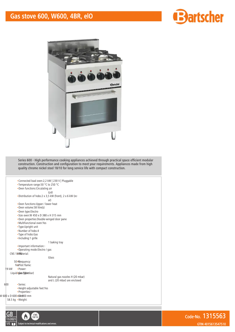 Page n°1 - Fiche technique Bartscher 131.5563