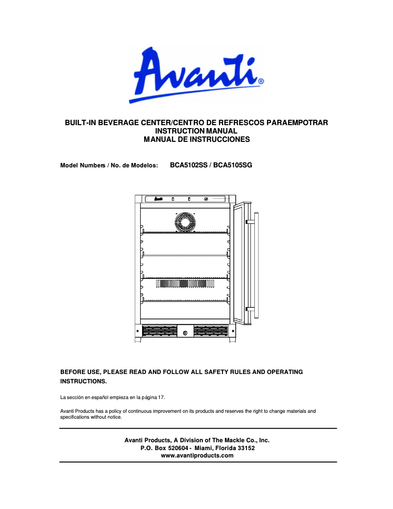 Page 1 de la notice Manuel utilisateur Avanti BCA5105SG1