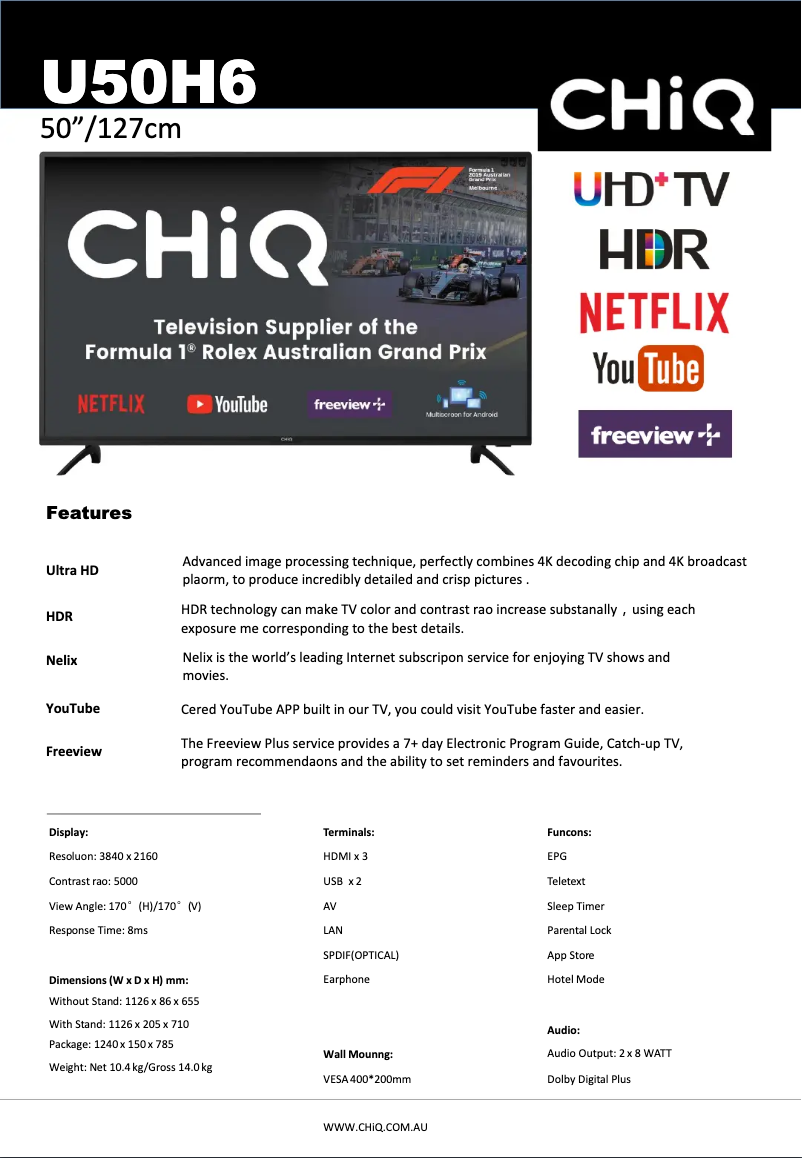 Page 1 de la notice Fiche technique CHiQ U50H6