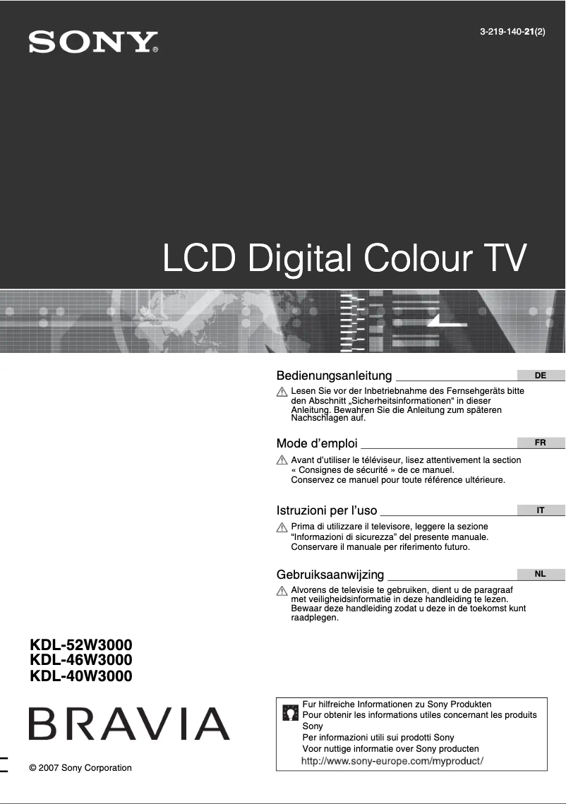 Image de la première page du manuel de l'appareil Bravia KDL-46W3000A