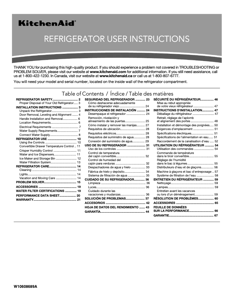 Page 1 de la notice Manuel utilisateur KitchenAid Architect KSF22C4CYY