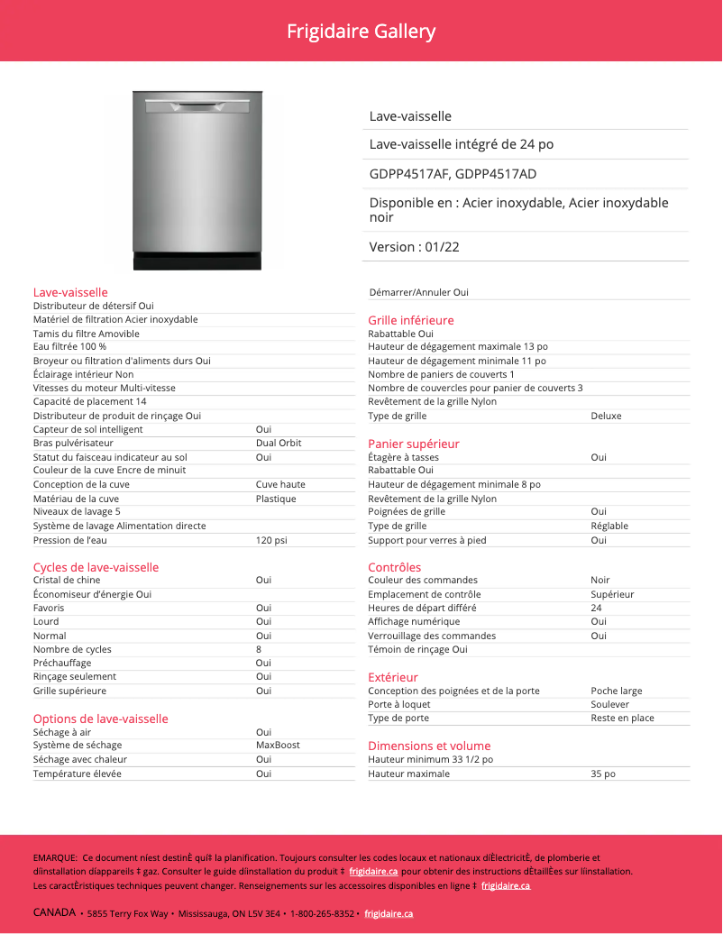 Page n°1 - Fiche technique Frigidaire GDPP4517AD