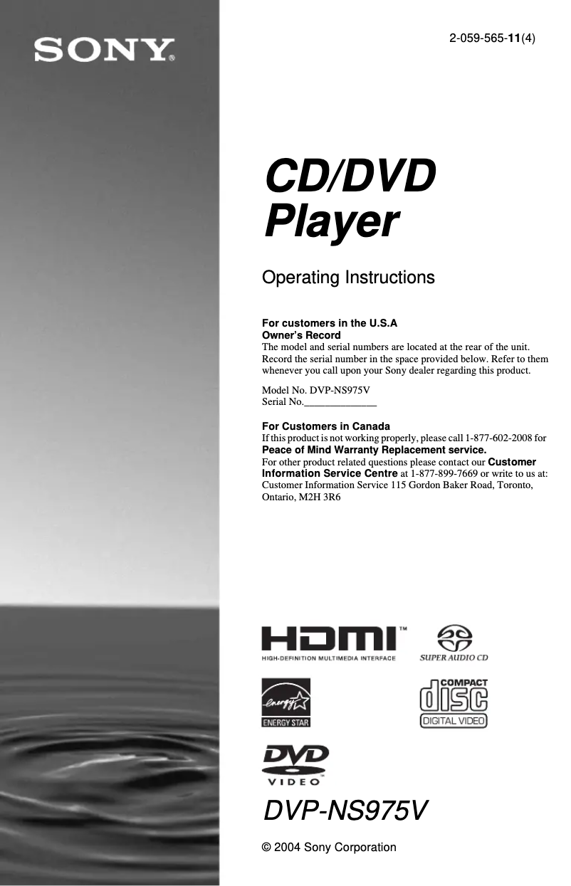 Image de la première page du manuel de l'appareil DVP-NS975V