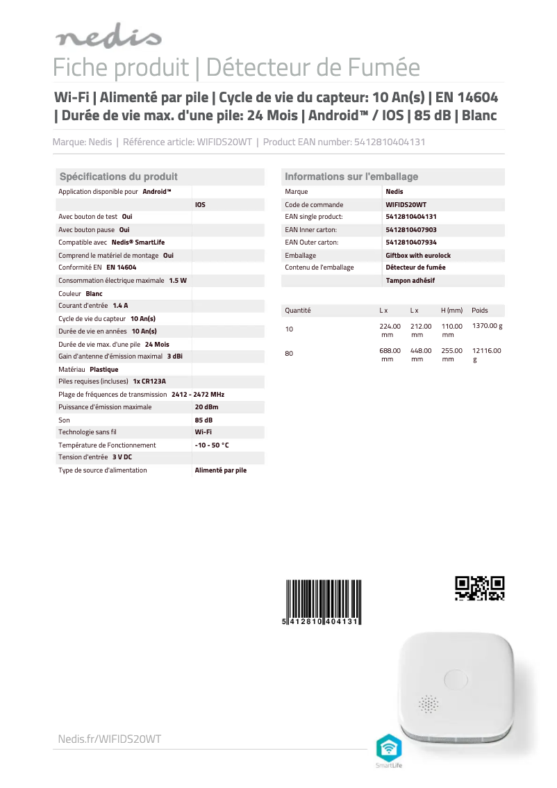 Page 1 de la notice Fiche technique Nedis WIFIDS20WT