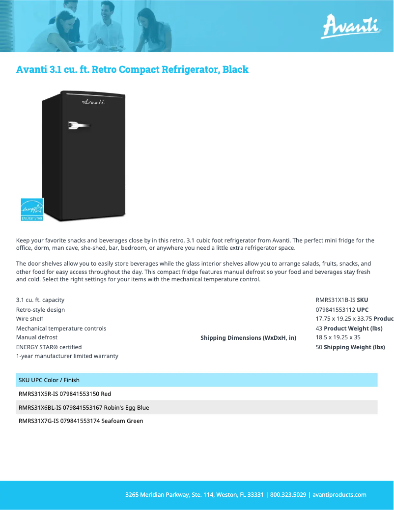 Page 1 de la notice Fiche technique Avanti RMRS31X6BL-IS