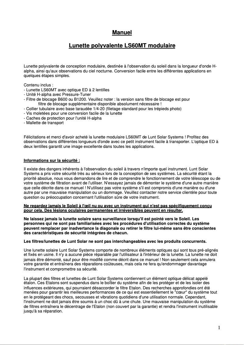 Page 1 de la notice Manuel utilisateur Lunt Solar Systems LS60MT
