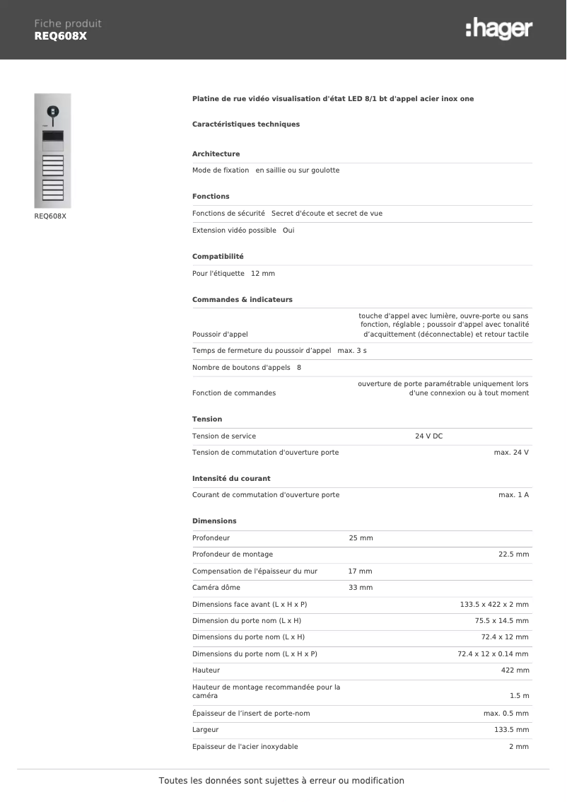 Page 1 de la notice Fiche technique Hager REQ608X